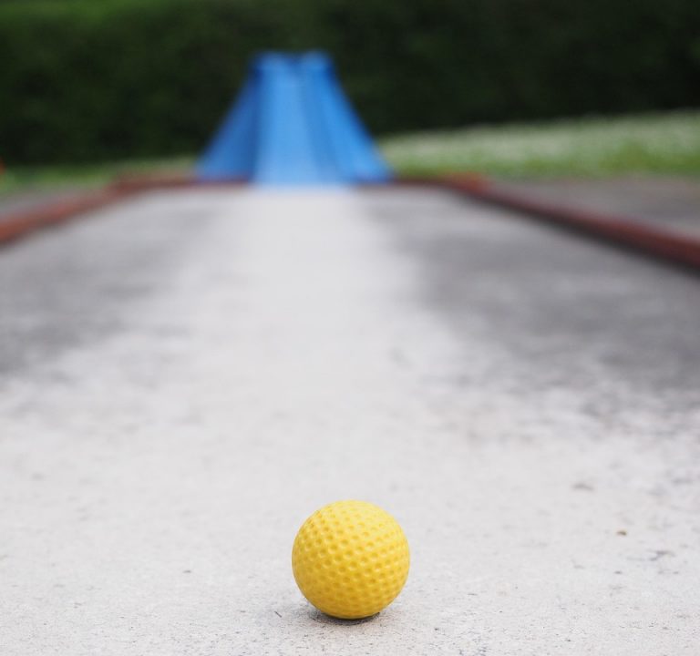 ball, mini golf ball, yellow, checkered, ball guide, mini golf, mini golf course, track golf, skill game, precision sport, rail, obstacles, eternitbahn, putten, pound, rubber ball
