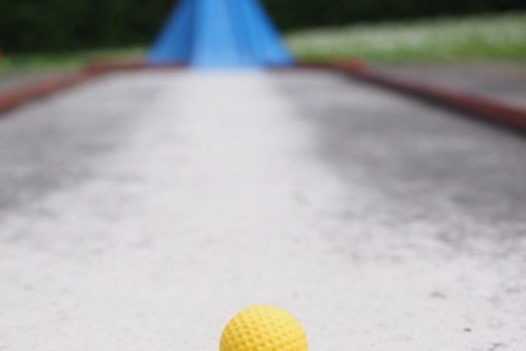 ball, mini golf ball, yellow, checkered, ball guide, mini golf, mini golf course, track golf, skill game, precision sport, rail, obstacles, eternitbahn, putten, pound, rubber ball